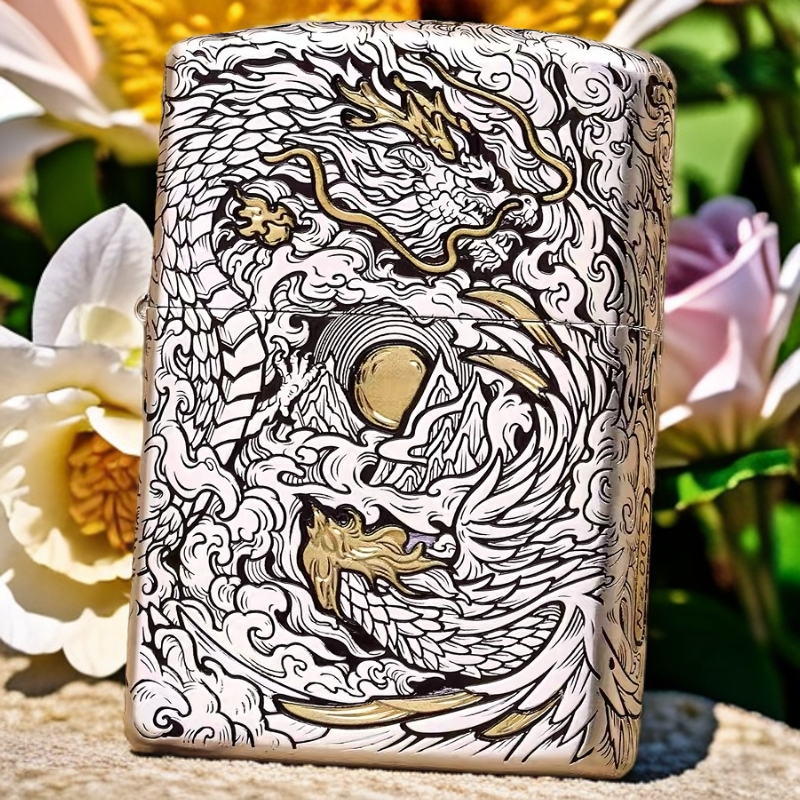 ZIPPO双面盔甲机复古打火机双色龙凤呈祥镀银双色盔甲防风生肖