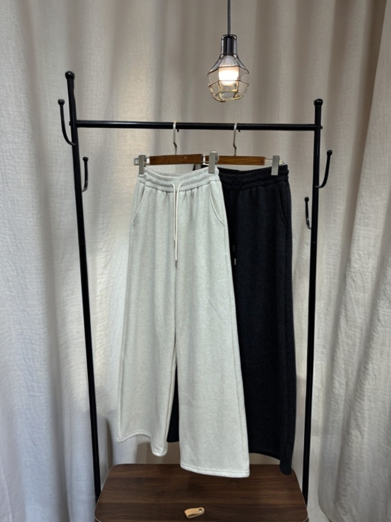 0596冬季加绒糯米阔腿裤高腰直筒软糯垂感显瘦休闲长裤