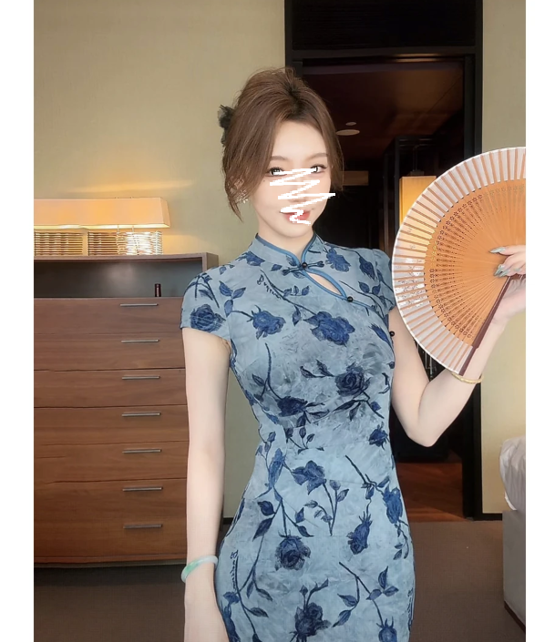 【梦江南】国风新中式蓝花枝旗袍温婉优雅气质高级感旗袍裙