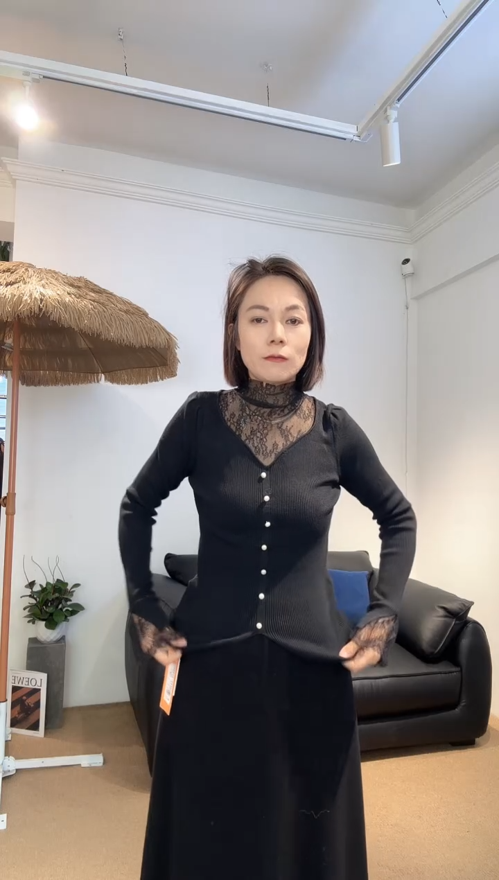 蕾丝领小衫-9079-黑
