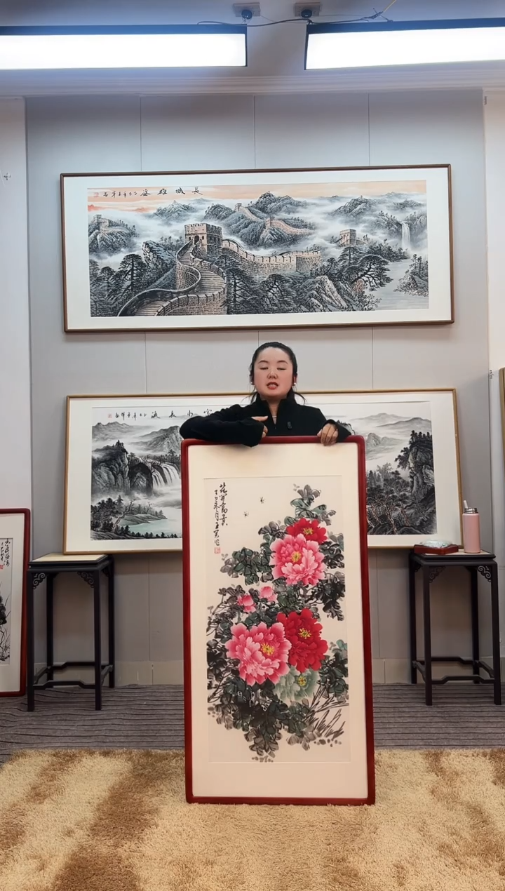 国画手绘牡丹123*63尺寸