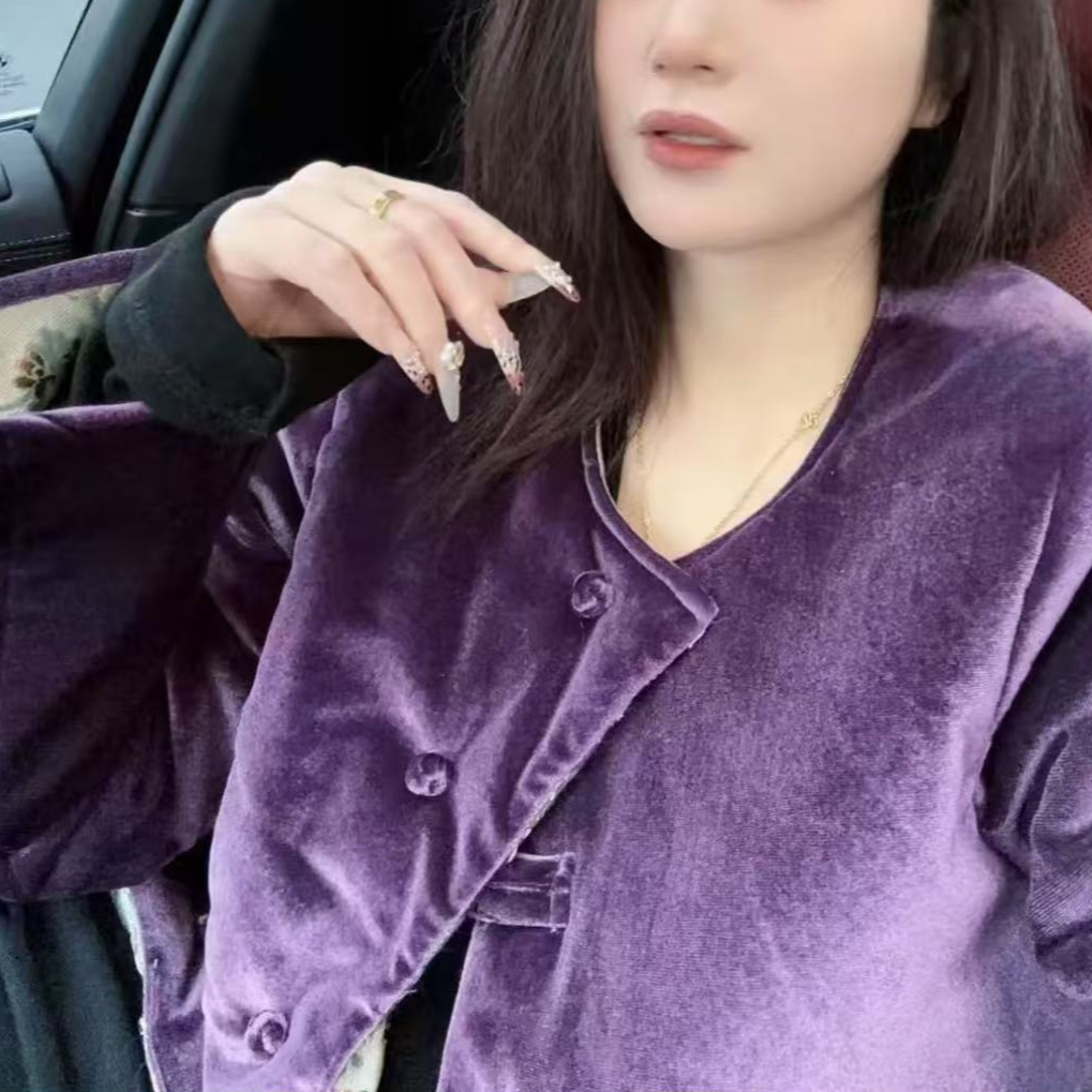 紫苏~双面穿夹棉外套发财树丝绒拼接宋锦圆领棉服622
