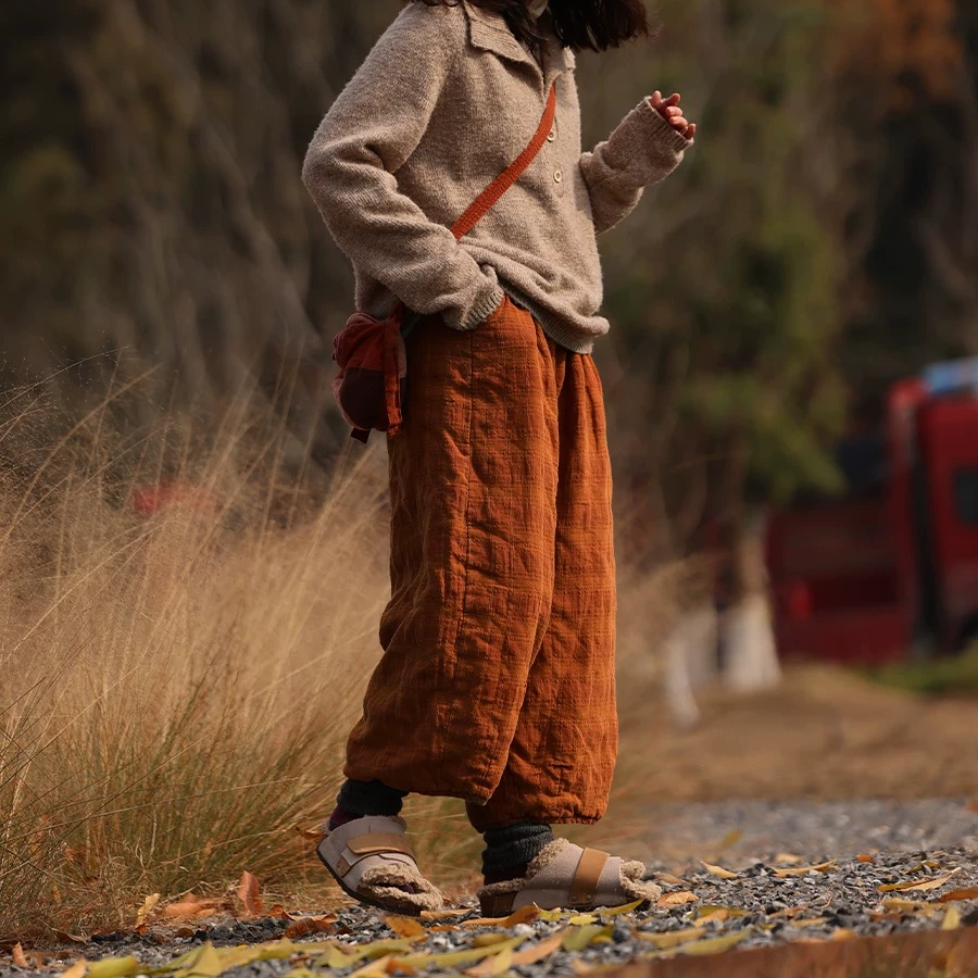 依梦-衣路38427原创设计亚麻格子松紧保暖棉裤 长86 围140.