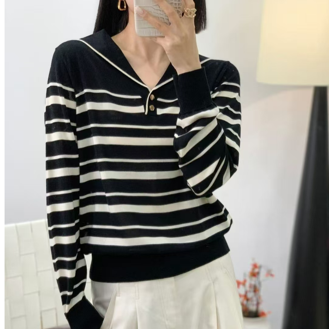 春季新款莱赛尔天丝海军领翻领条纹套头针织衫女减龄时尚长袖上衣