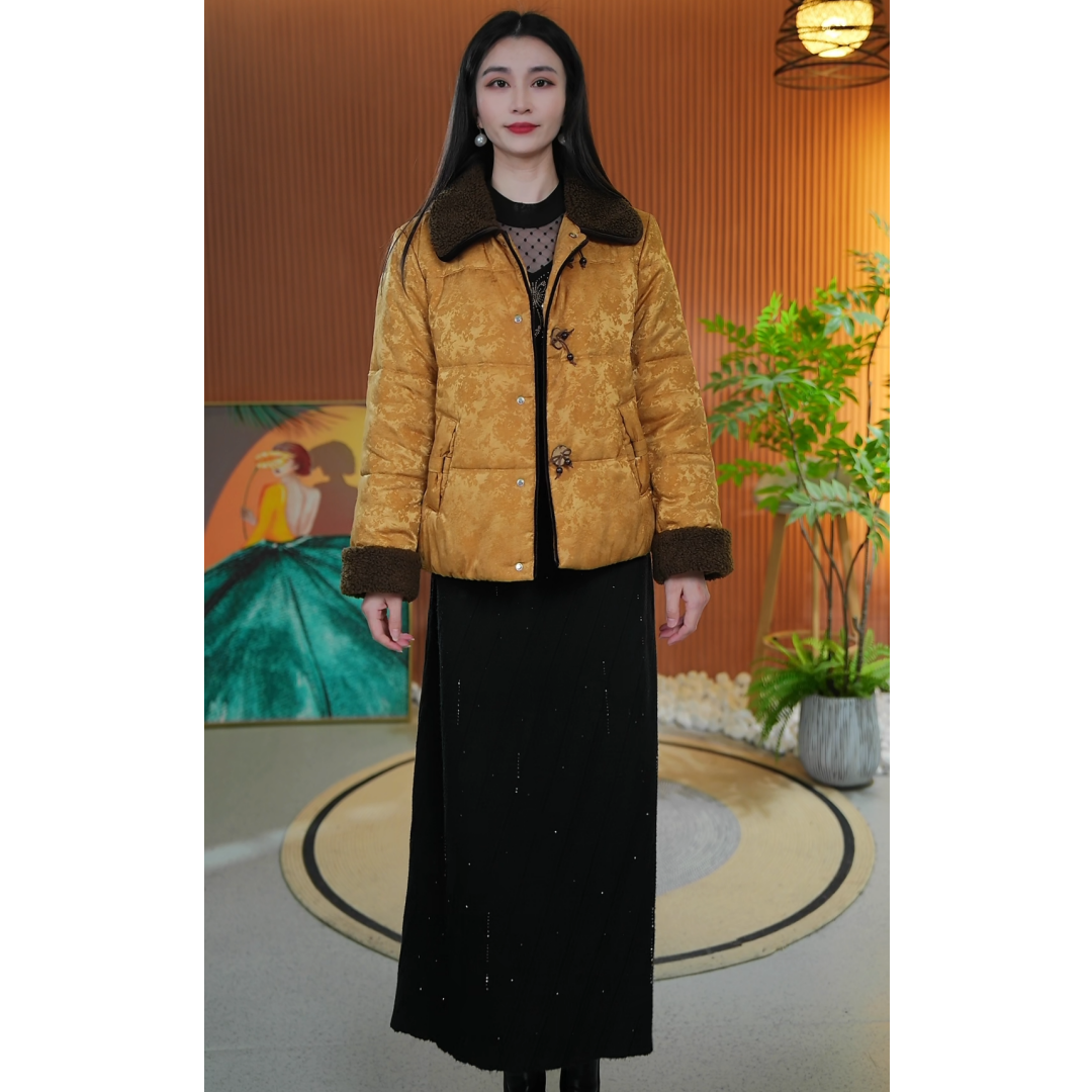 A28冬季新款国风绵羊毛妈妈装提花加厚棉服时尚气质短款保暖棉衣