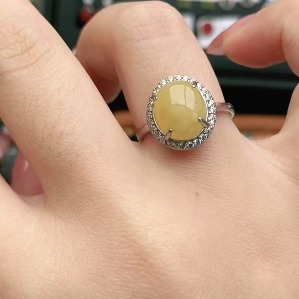 鑫辰珠宝天然A货翡翠银镶嵌设计款开口女戒指时尚百搭