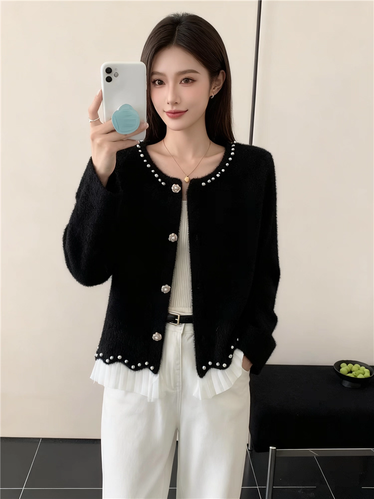 蕾丝拼接重工钉珠直下摆开衫外套女长袖开衫韩版拼接秋冬小香风女