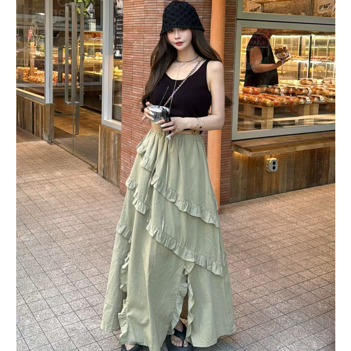 【YKL】重磅来袭2.0 韩系腰部抽绳斜边拼接百搭花边半身长裙