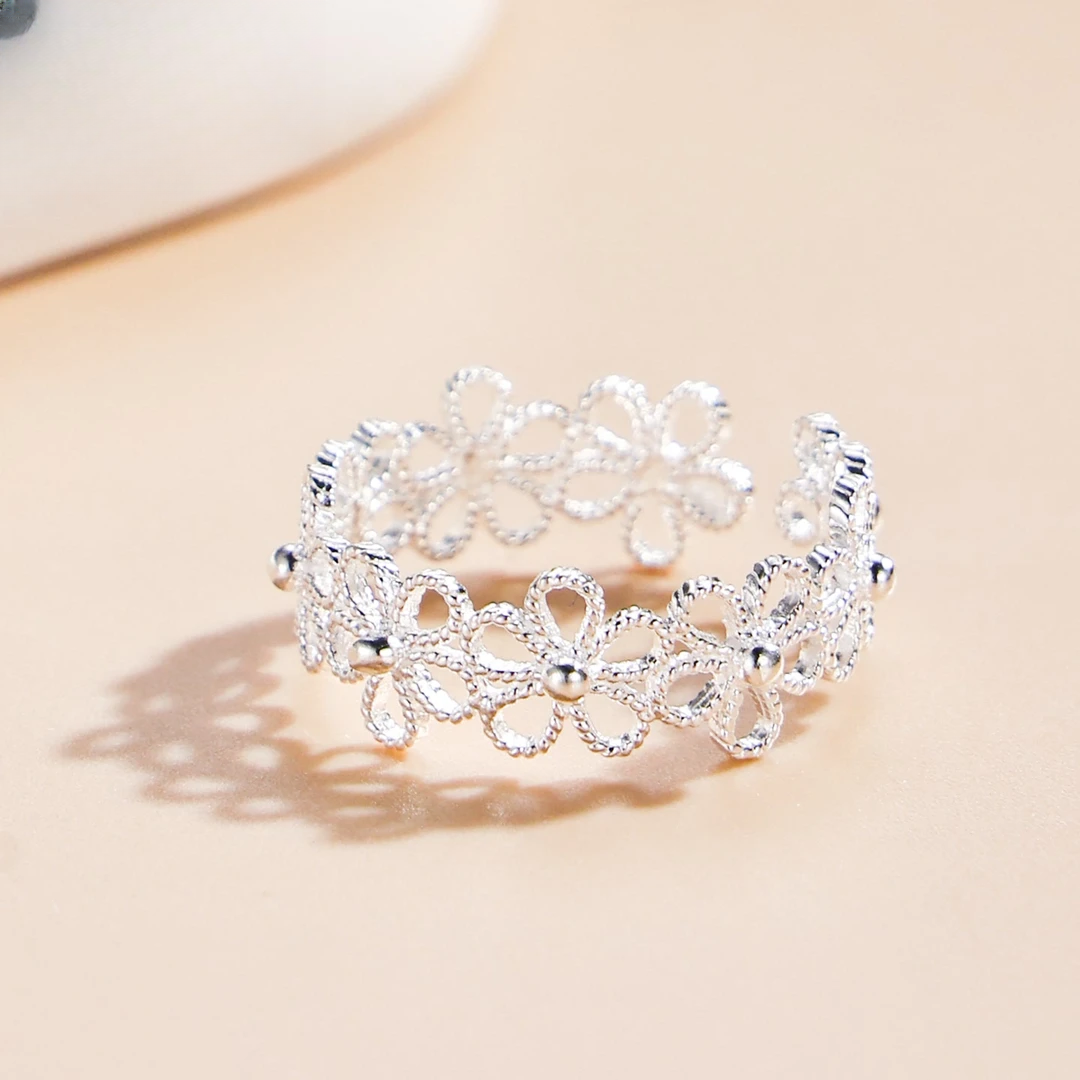 中国珠宝 足银戒指 990银色花丝五福花开口戒指小众简约百搭