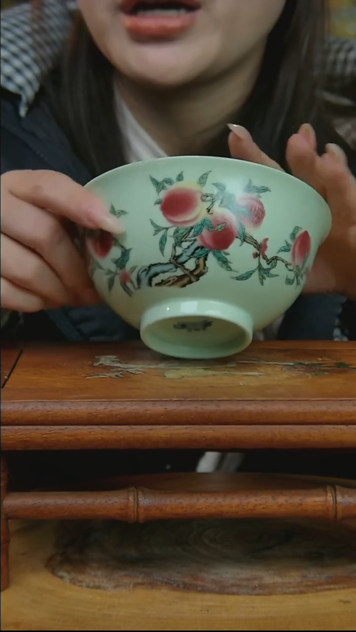 摆件陶绿稀土寿桃米饭碗