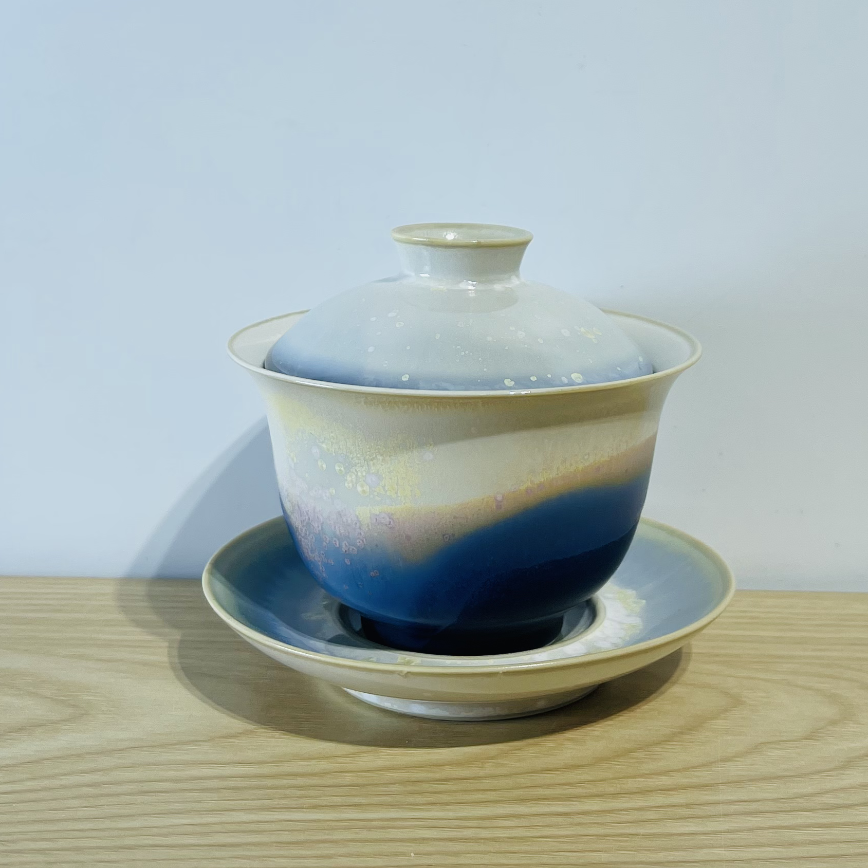 吾游茶器柴窑窑变蓝元三才宝盖碗高档陶瓷泡茶碗