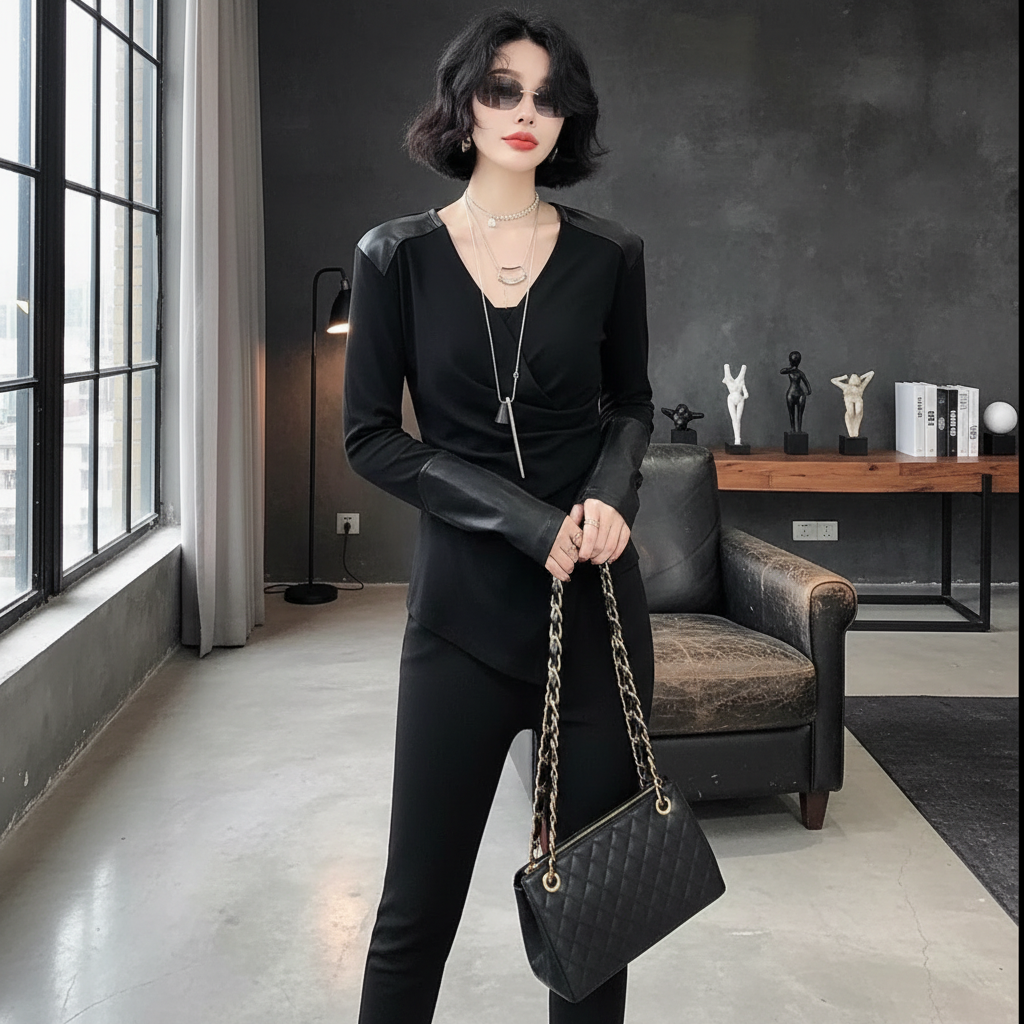 欧货秋冬新款设计感不规则潮拼皮长袖T恤显瘦洋气收腰加绒打底衫