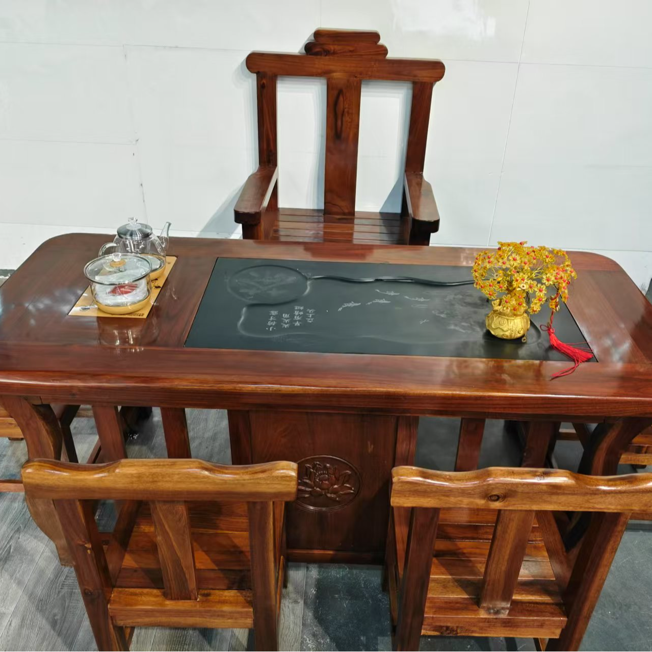 莲花茶桌一体全套中式相思木茶台围炉煮茶4-5人桌办公室家用茶桌