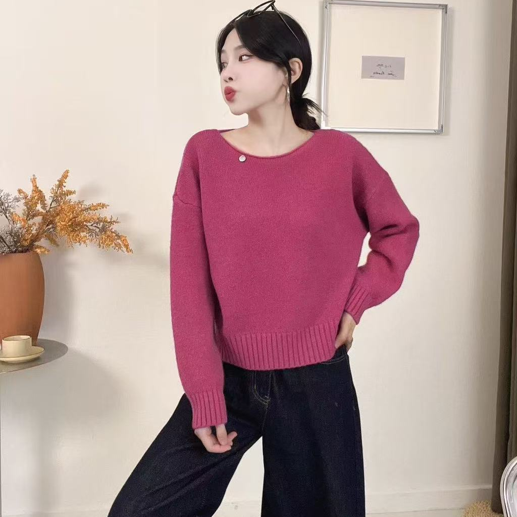 （376）秋冬圆领短款套头毛衣新款慵懒针织打底上衣