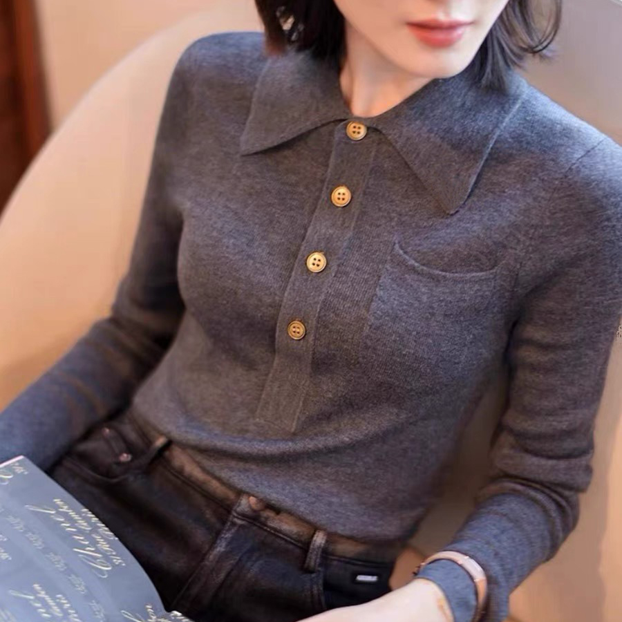 纯色翻领套头气质上衣百搭显瘦长袖针织衫洋气御姐POLO领上衣女