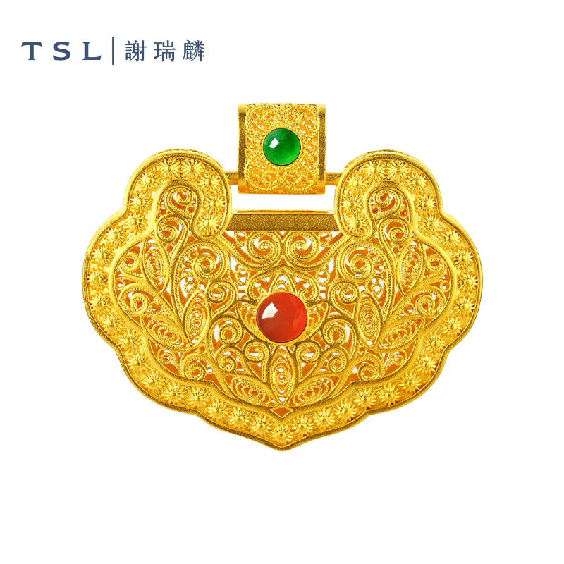 TSL/谢瑞麟计价足金珐琅花丝如意莲花锁包吊坠女友老婆节日礼物
