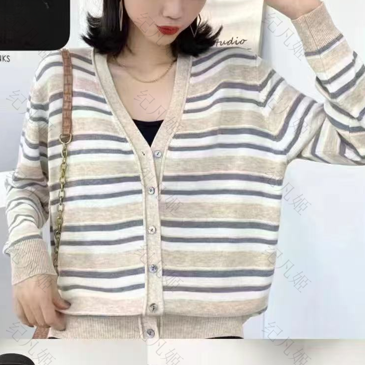 纪凡姬/4008-小众百搭意式针织开衫V领条纹显瘦上衣
