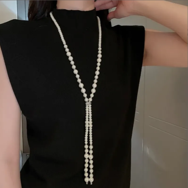 非金属仿珍珠项链 不规则长款仿珍珠项链法式轻奢气质毛衣链1条