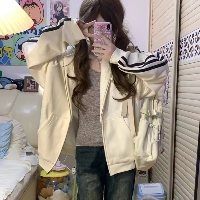 7031 YS韩系开衫连帽卫衣秋冬款加绒加厚宽松超火三条杠外套