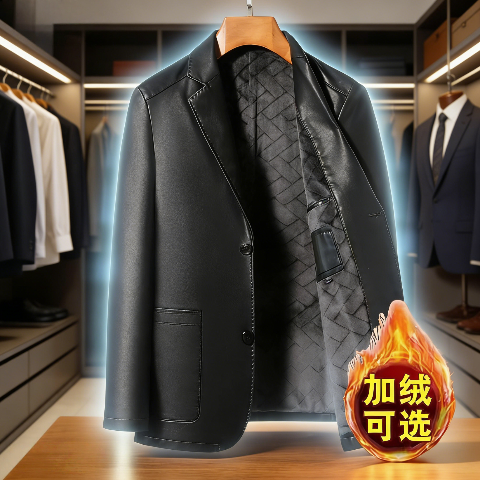 【100%绵羊皮】男士秋冬加绒加厚商务休闲时尚皮衣西服男装外套M-71