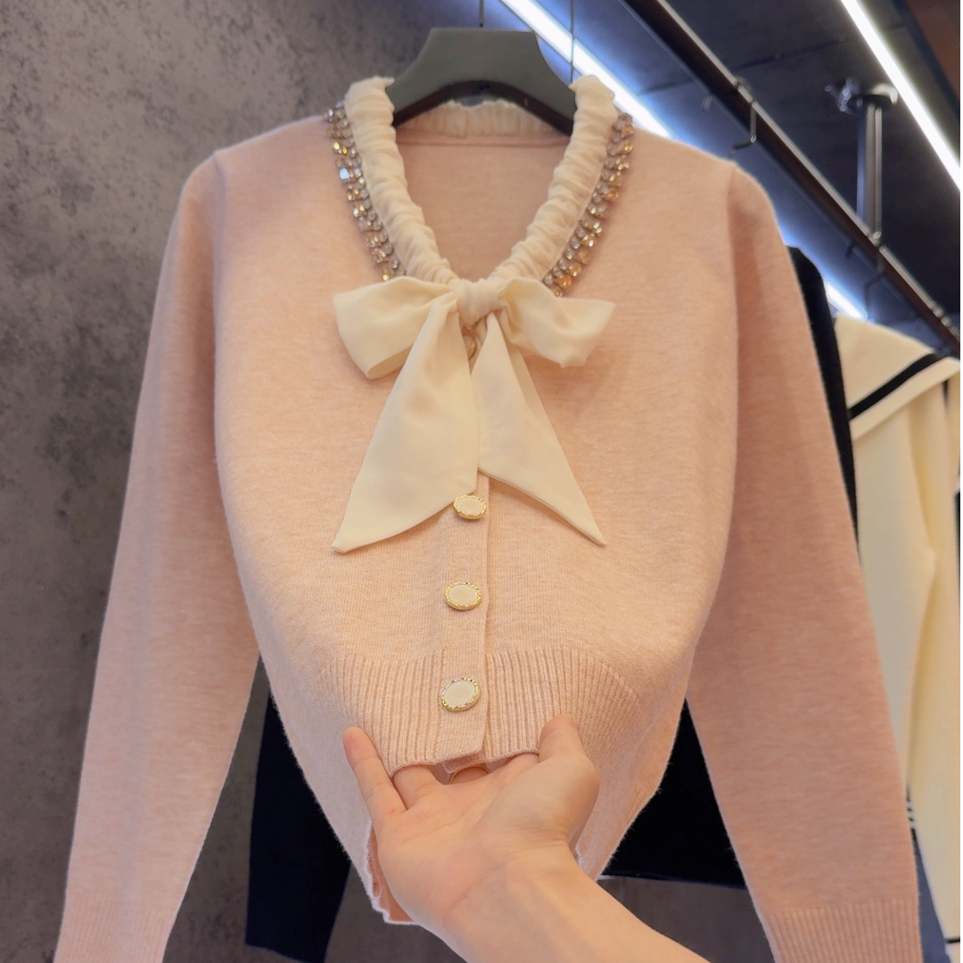 【定制大码女装80-200斤】气质拼接蝴蝶结重工V领开衫针织衫2173