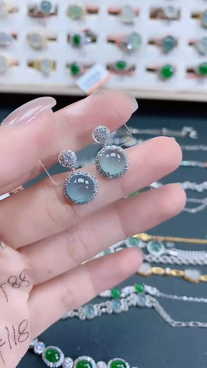 银S925镶嵌翡翠耳饰天然翡翠