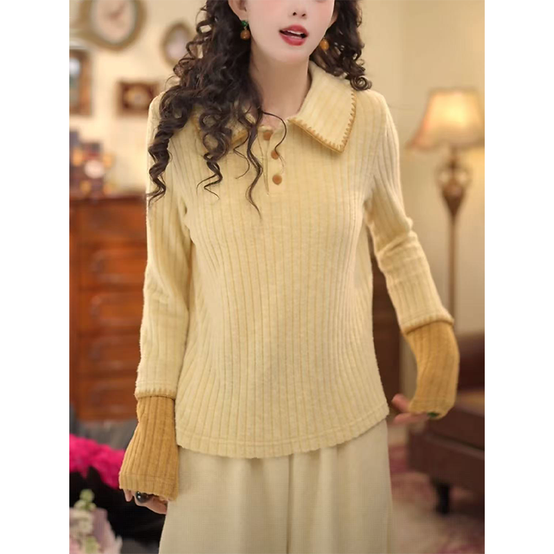 港风复古polo领磨毛条纹T恤女2025秋冬新款时尚修身百搭打底上衣