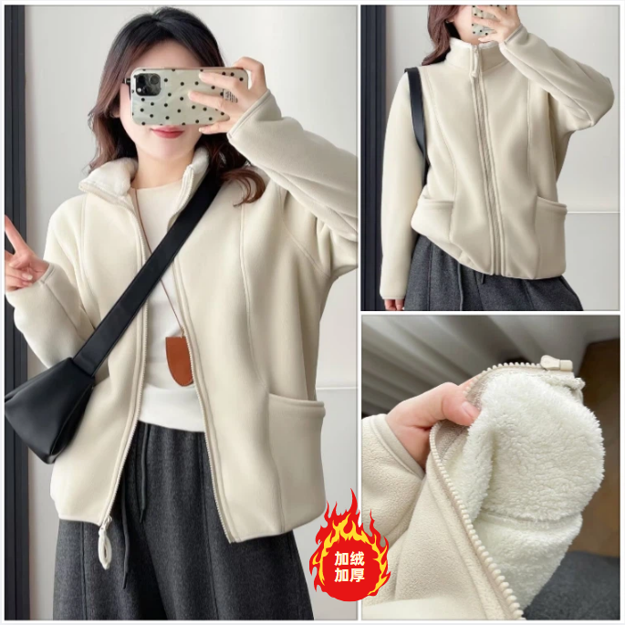 大码微胖MM秋冬百搭立领加绒加厚双面绒开衫外套女宽松保暖上衣