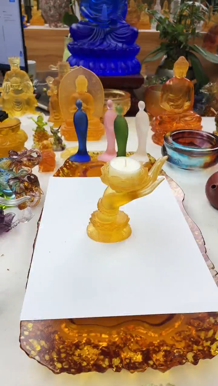 手工艺品琉璃12公分佛手烛台琥珀色