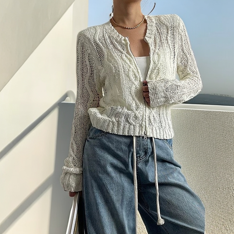 AcupStudio江右上 镂空拉链麻花针织开衫女秋季气质休闲短款毛衣