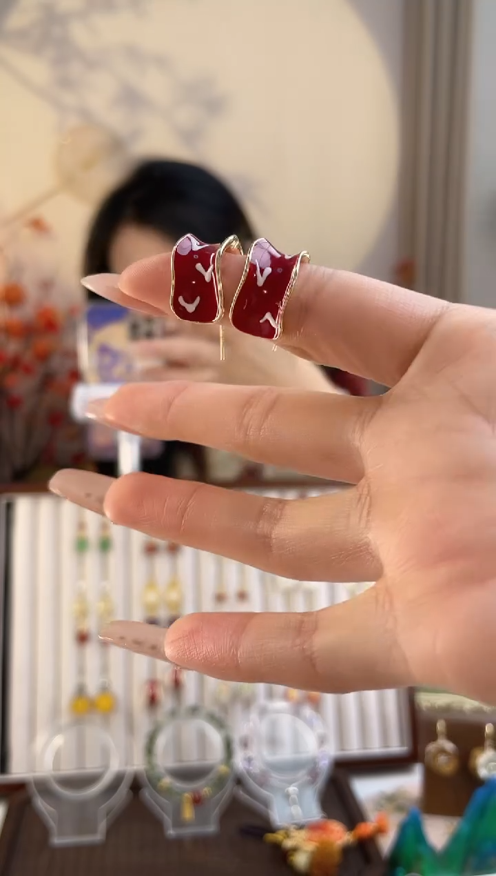 铜合金925银无3-2 车厘子红色爱心耳圈耳钉