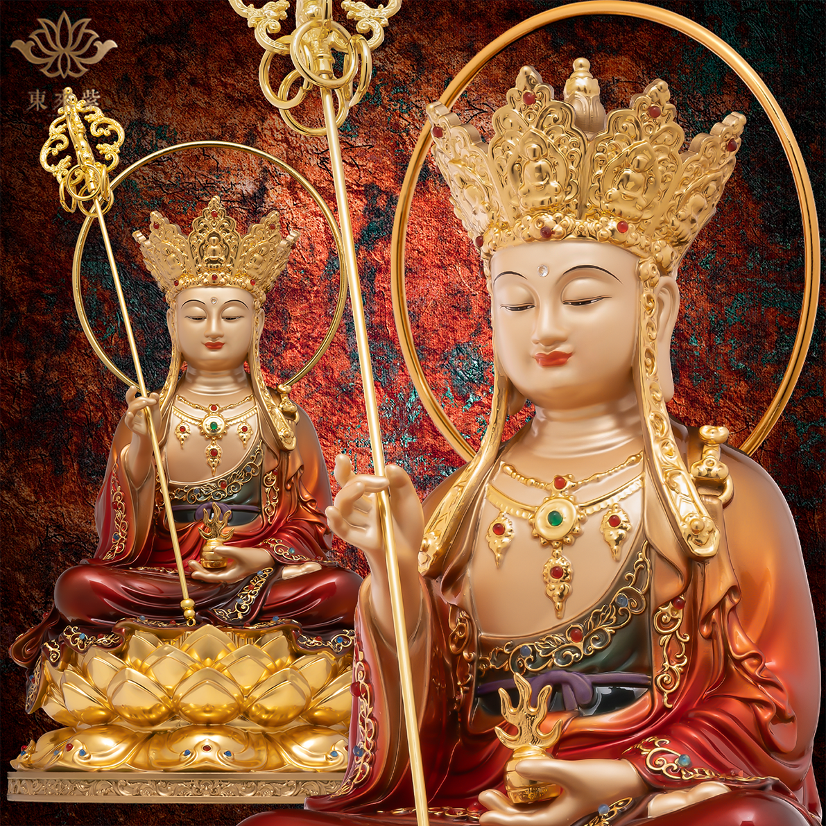 地藏王菩萨珐琅彩贴金观音地藏释迦佛家用摆件菩萨佛堂铜工艺品