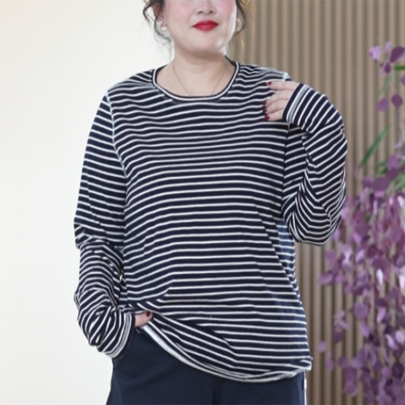 明线100%棉条纹T恤圆领长袖加大码宽松百搭纯棉打底衫春季上衣女
