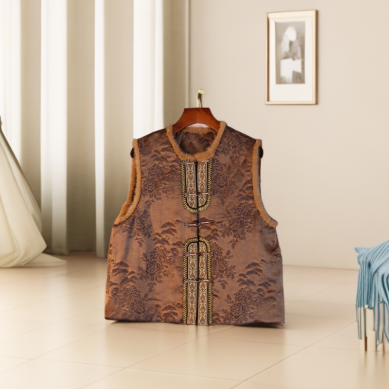 【贵夫人】高端妈妈装秋冬桑蚕丝提花棉衣中式时尚复古马甲新款上衣