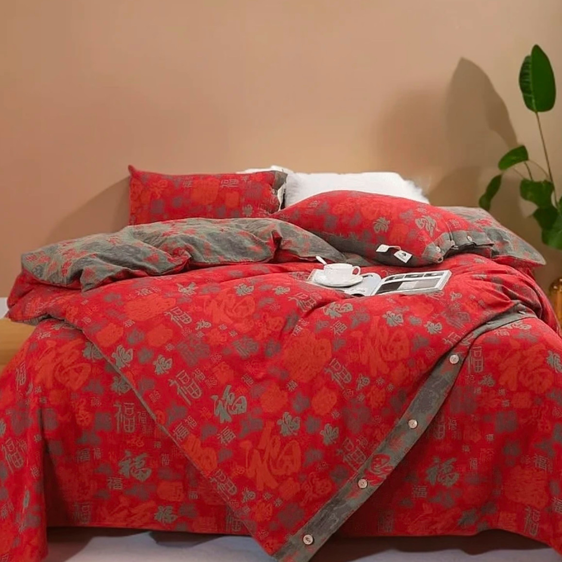 万福金安（纽扣）柔软舒适加大加厚四件套秋冬磨毛红色