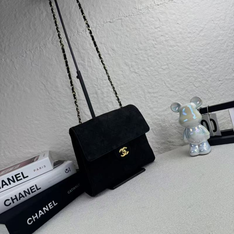 95新 Chanel/香奈儿 黑金麂皮kelly腋下链条包 底长24 1开带卡