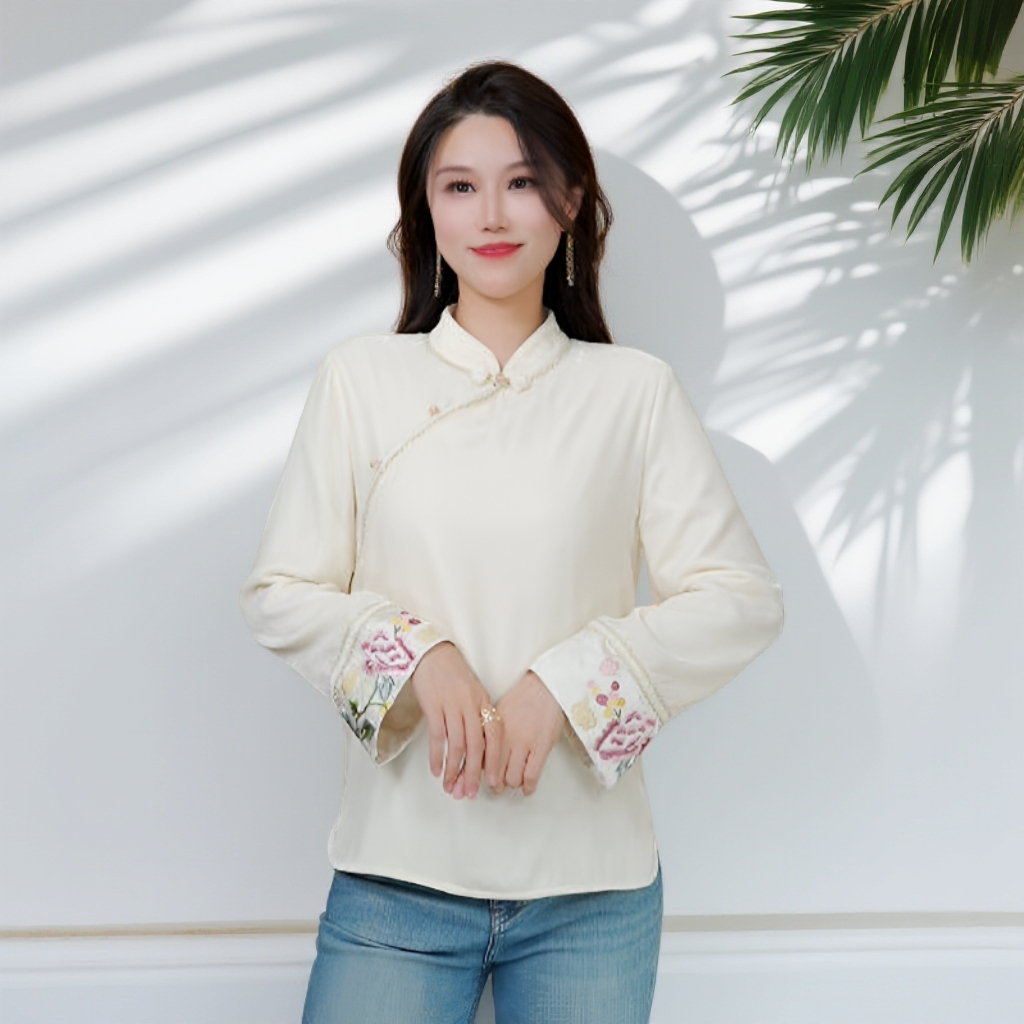 《ELFBOX》立领新中式上衣中国风重工刺绣桑蚕丝丝绒保暖衬衫6504