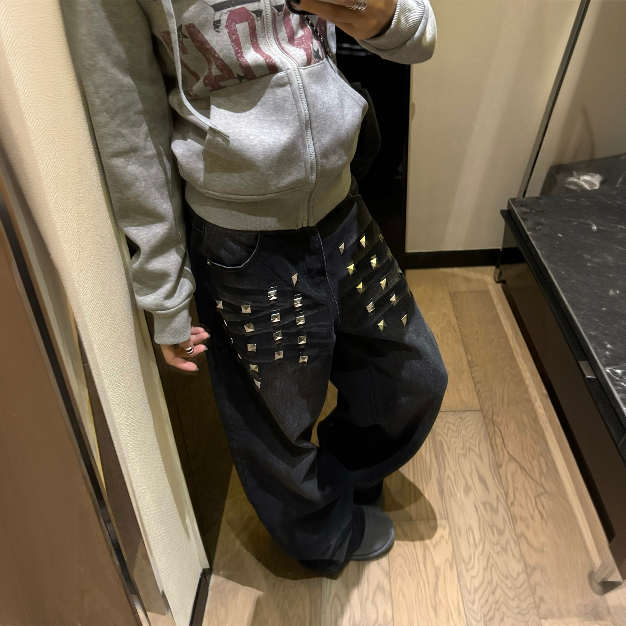 美式复古水洗铆钉阔腿牛仔裤女秋冬新款宽松休闲百搭潮流拖地长裤