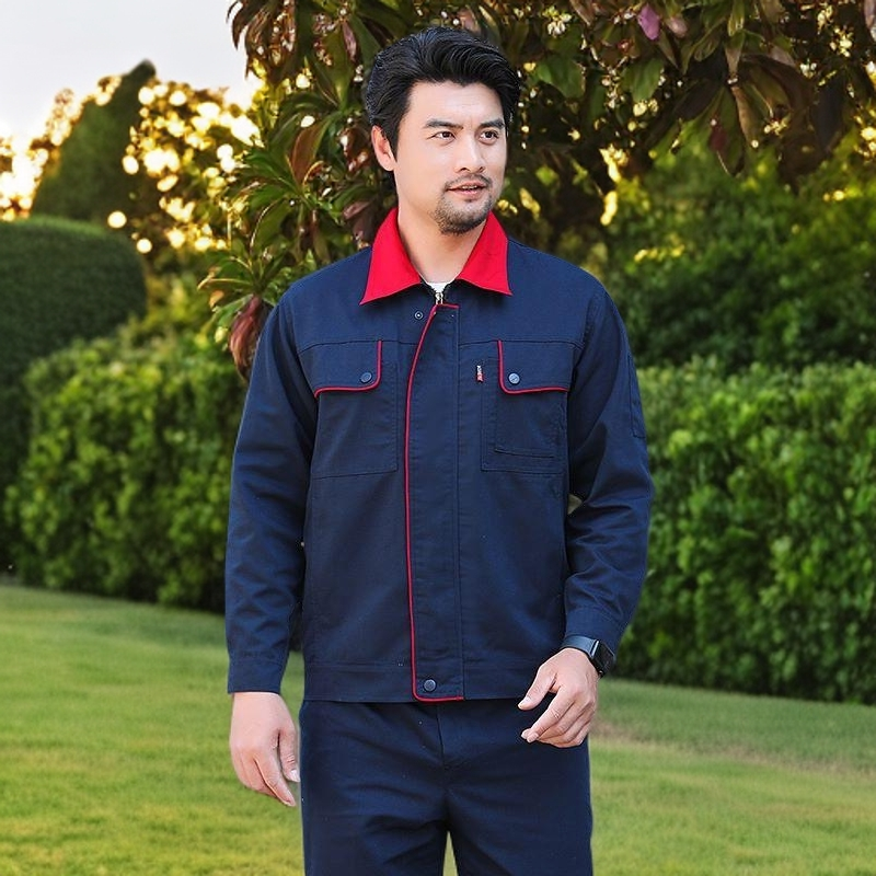 帆布红领涤棉纱卡工作服翻领领上衣长袖套装工装制服耐磨不起球
