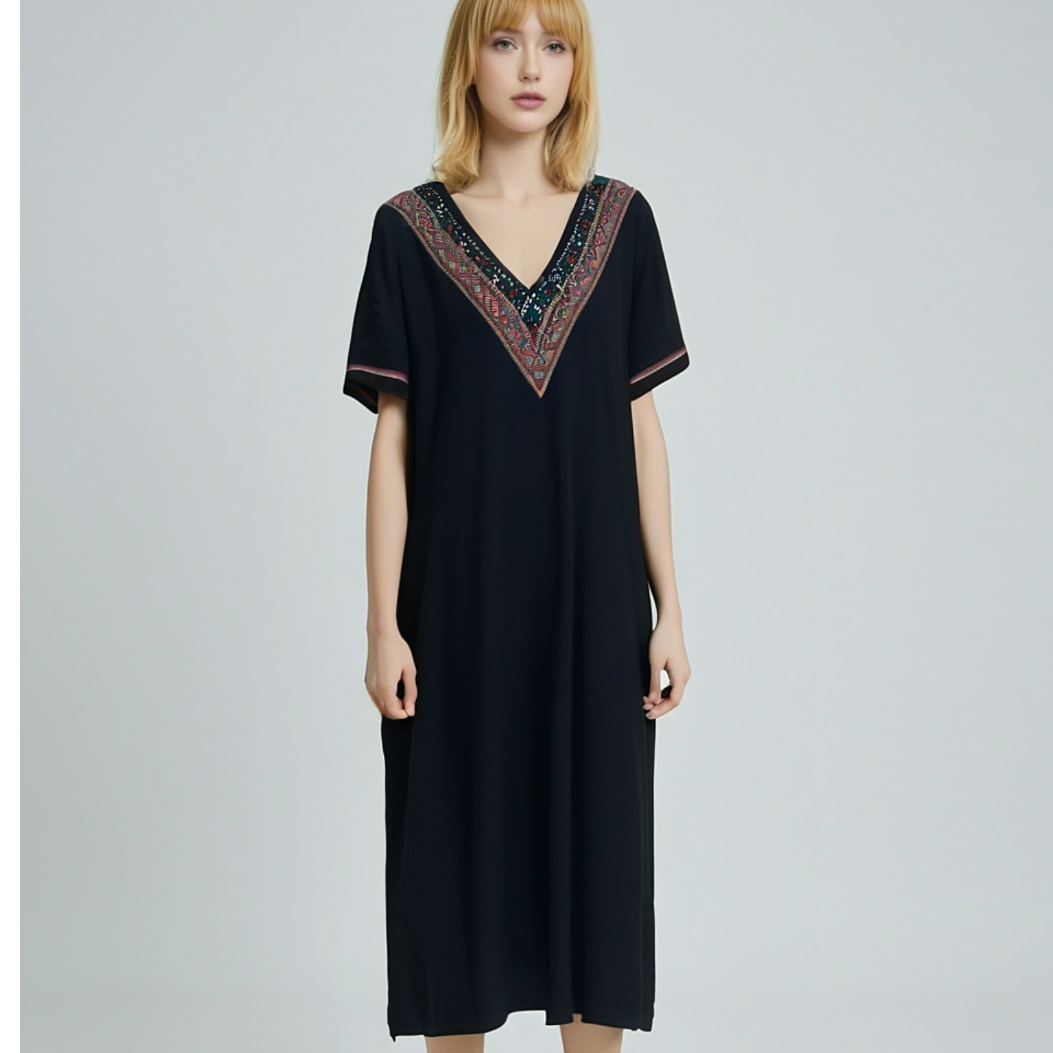 普拉那 385 夏季宽松气质新款V领显瘦遮肚短袖薄款连衣裙