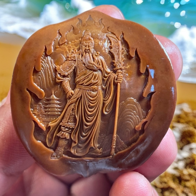 大奔橄榄核雕刻武财神关公单把件