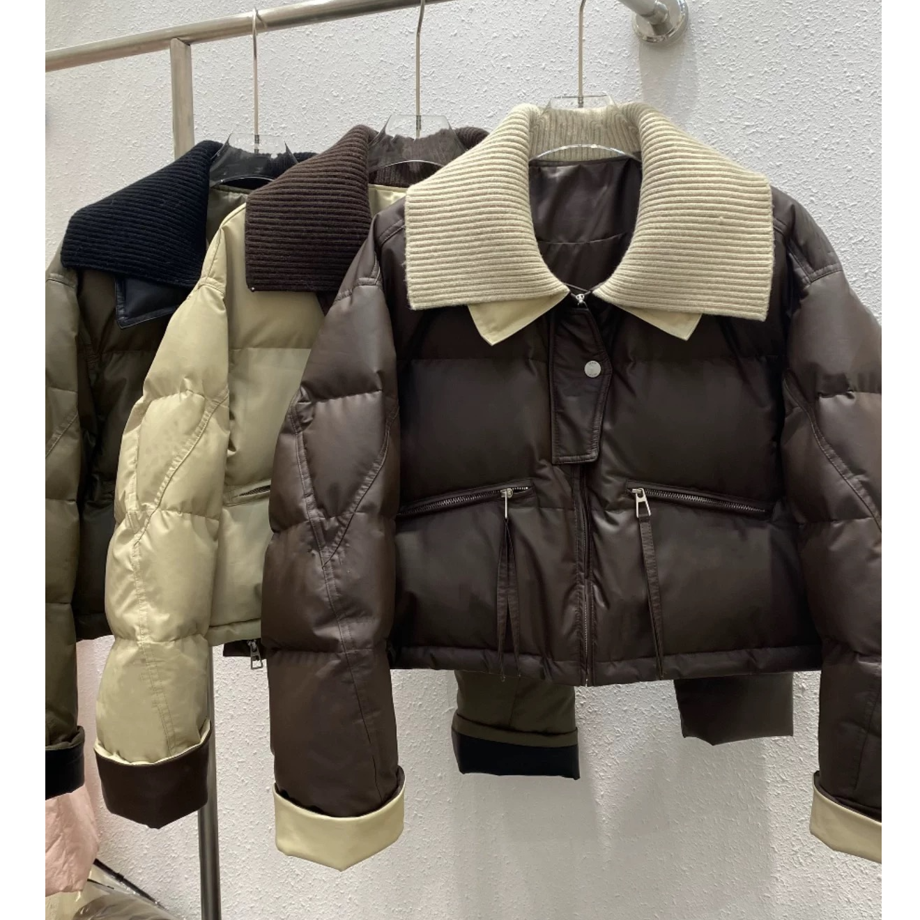 2025欧货针织翻领短款绒服女冬季蛋白皮拼接反季外套女士过年衣服