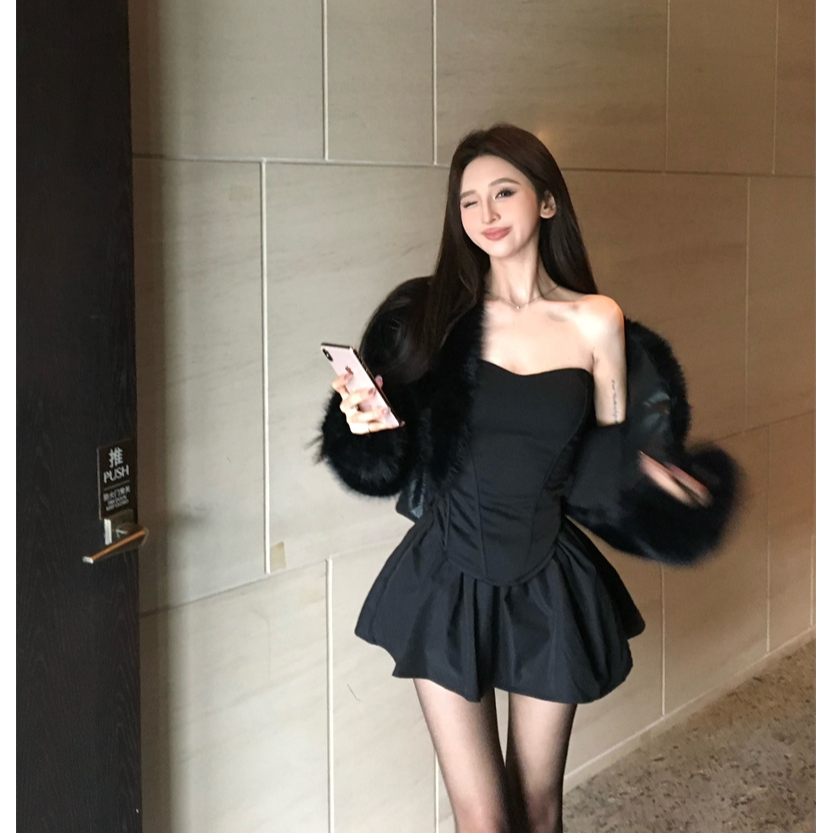 甜辣妹黑色两件套女春装性感美背抹胸背心上衣高腰蓬蓬半身裙短裙