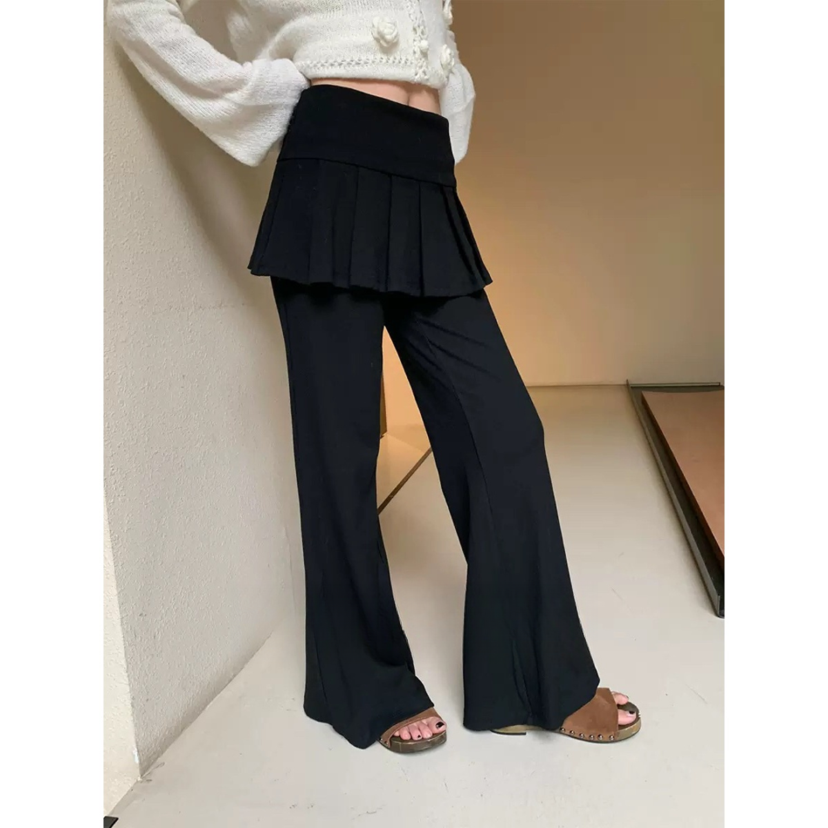 QYao Girls灰色假两件裤子女秋季韩系叠穿层次感直筒长裤微喇裤裙