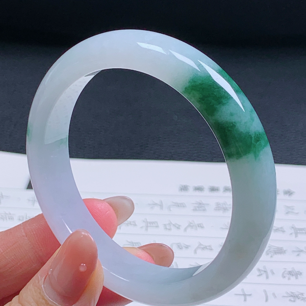 56圈天然翡翠A货老坑冰糯种飘花手镯074女款飘绿精美平安镯翡翠色