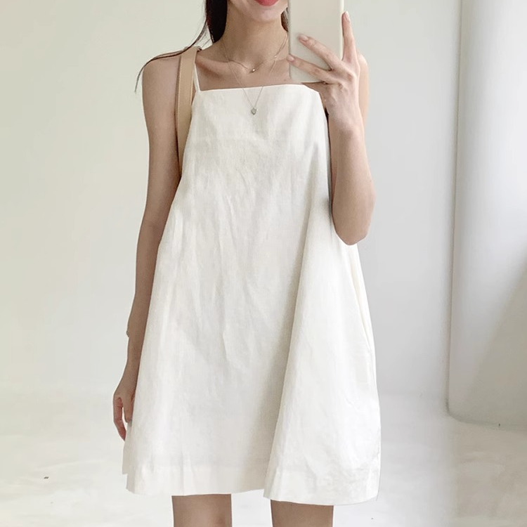 IE优品苎麻棉吊带宽松连衣裙女装连衣裙白色休闲百搭打底夏季复古