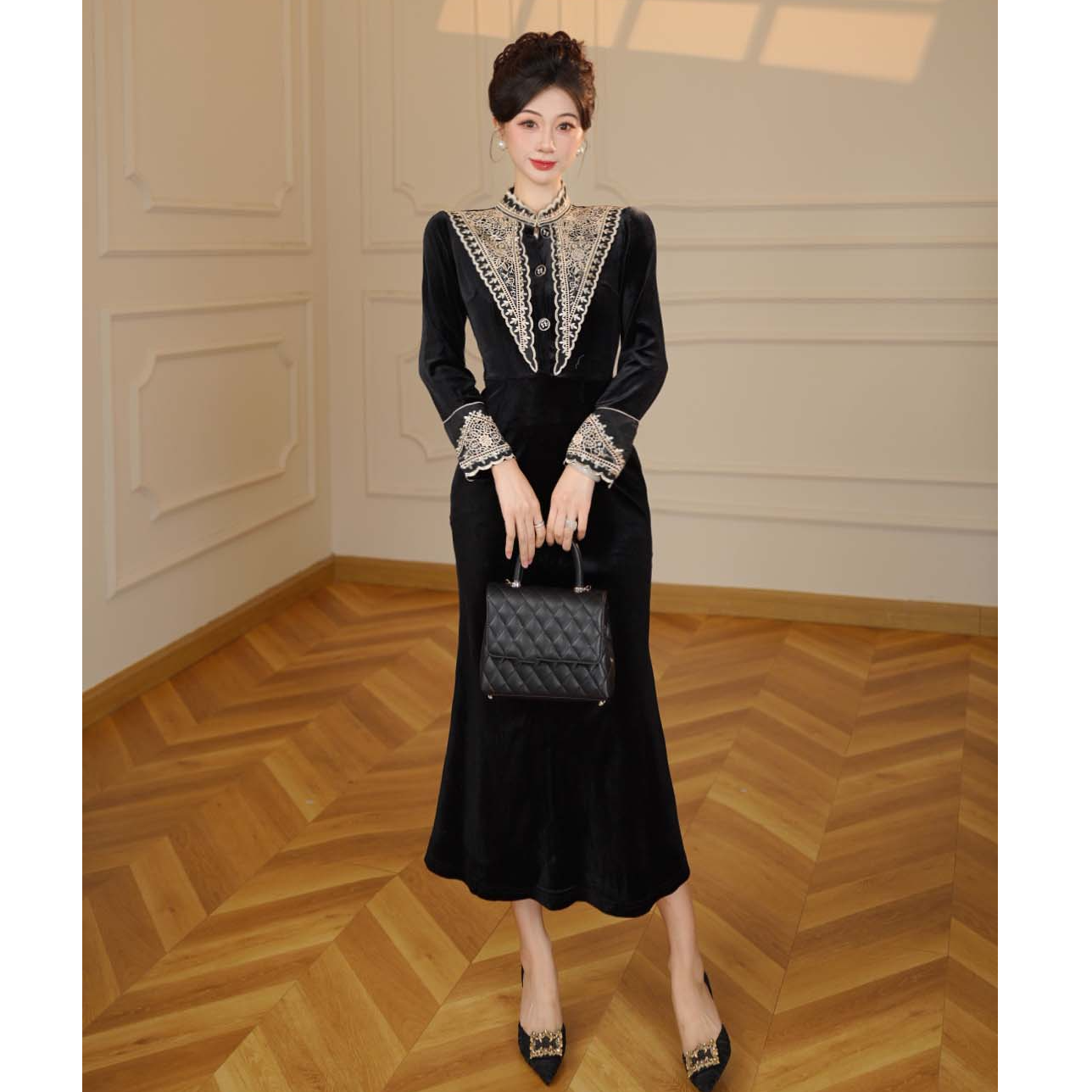 【张小小专属】复古丝绒连衣裙冬新中式高级感国风旗袍D4005