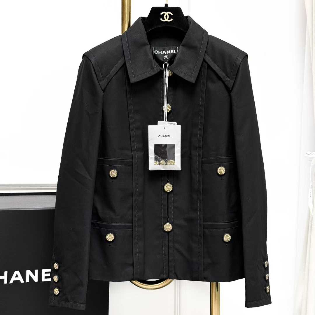 99新 Chanel/香奈儿 34码20C黑色金扣四口袋涂层帆布外套