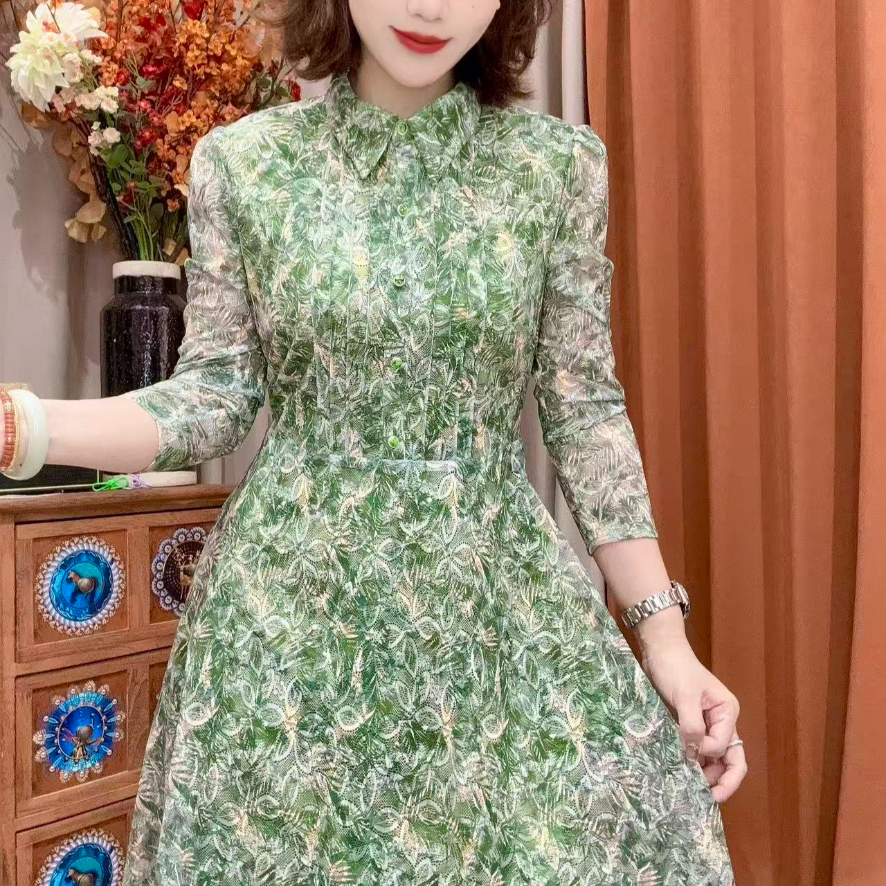 2550#秋季新款连身裙微胖掐腰显瘦简约修身长裙