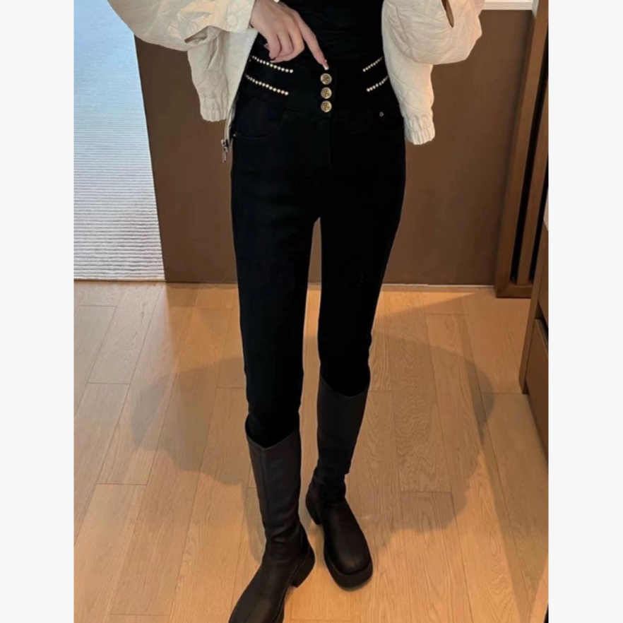 冬季新款韩系百搭时尚休闲高腰加绒加厚三粒扣牛仔小脚裤2300192